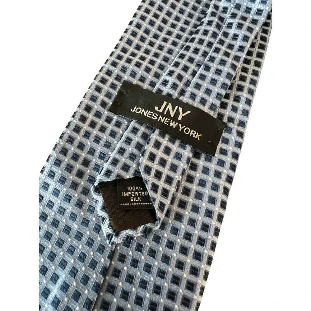 Jones New York JNY Mens Silk Tie Light Blue Navy Geometric Square Grid Classic